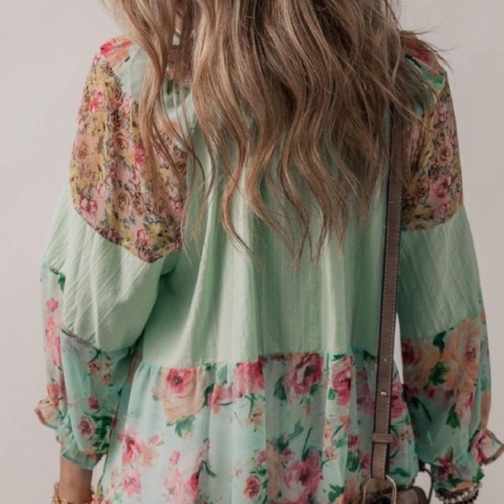 Flowy Sage Floral Print Patchwork Frilled Split Neck Blouse - Picture 3 of 5